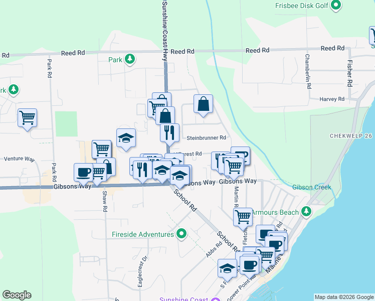 map of restaurants, bars, coffee shops, grocery stores, and more near in Gibsons