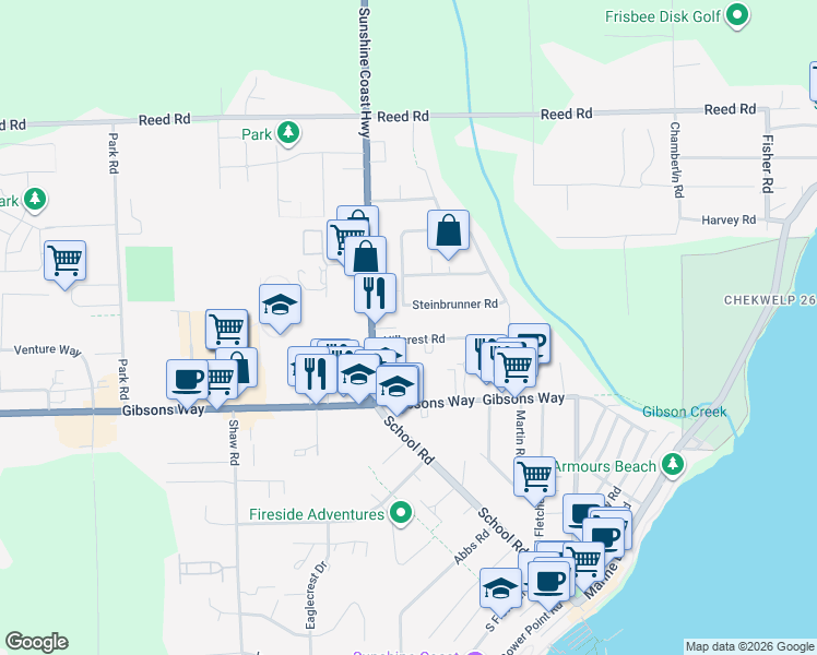 map of restaurants, bars, coffee shops, grocery stores, and more near 764 Hillcrest Road in Gibsons