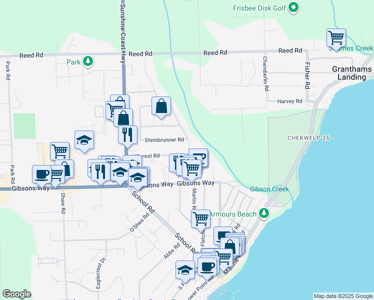map of restaurants, bars, coffee shops, grocery stores, and more near 707 Crucil Road in Gibsons