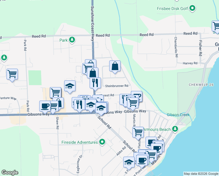 map of restaurants, bars, coffee shops, grocery stores, and more near in Gibsons