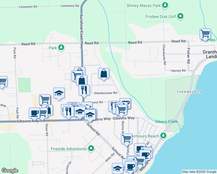 map of restaurants, bars, coffee shops, grocery stores, and more near 723 Tricklebrook Way in Gibsons