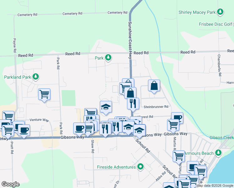 map of restaurants, bars, coffee shops, grocery stores, and more near 820 Kiwanis Way in Gibsons