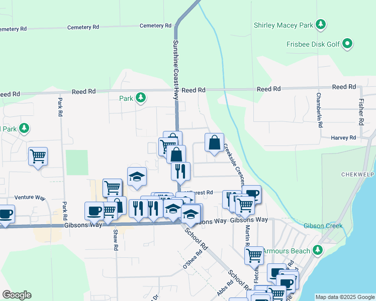 map of restaurants, bars, coffee shops, grocery stores, and more near 765 Cascade Crescent in Gibsons