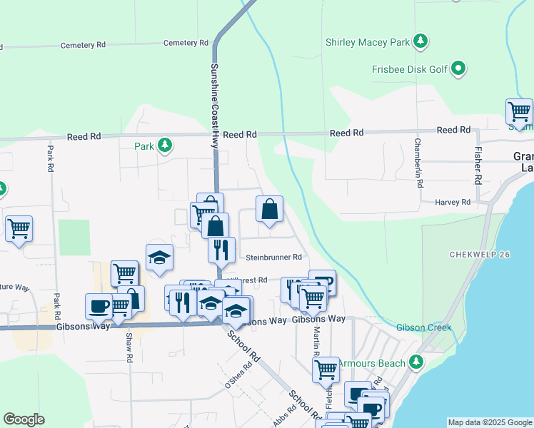 map of restaurants, bars, coffee shops, grocery stores, and more near 793 Creekside Crescent in Gibsons