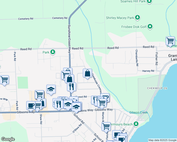 map of restaurants, bars, coffee shops, grocery stores, and more near 786 Creekside Crescent in Gibsons