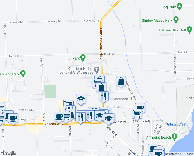 map of restaurants, bars, coffee shops, grocery stores, and more near 776 Celestial Place in Gibsons