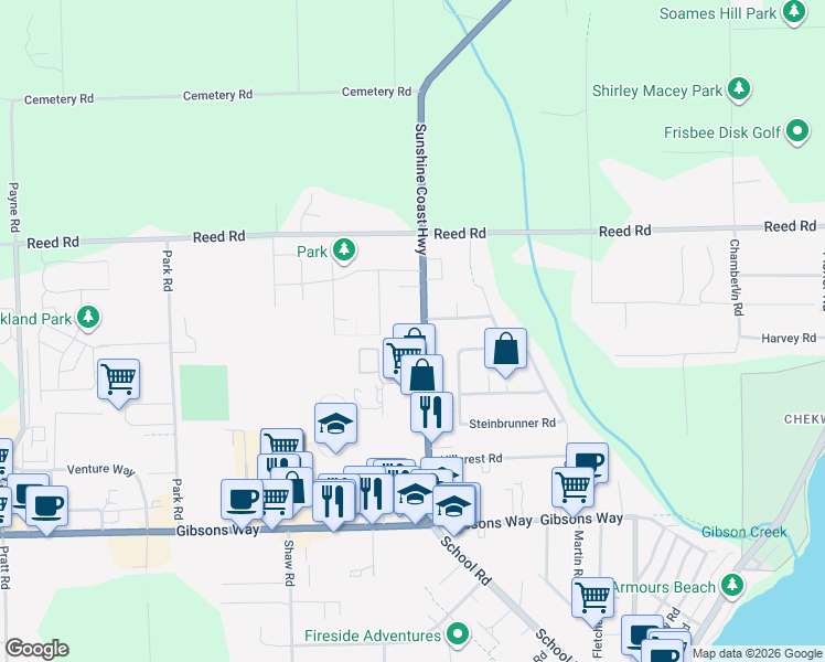 map of restaurants, bars, coffee shops, grocery stores, and more near 787 North Road in Gibsons