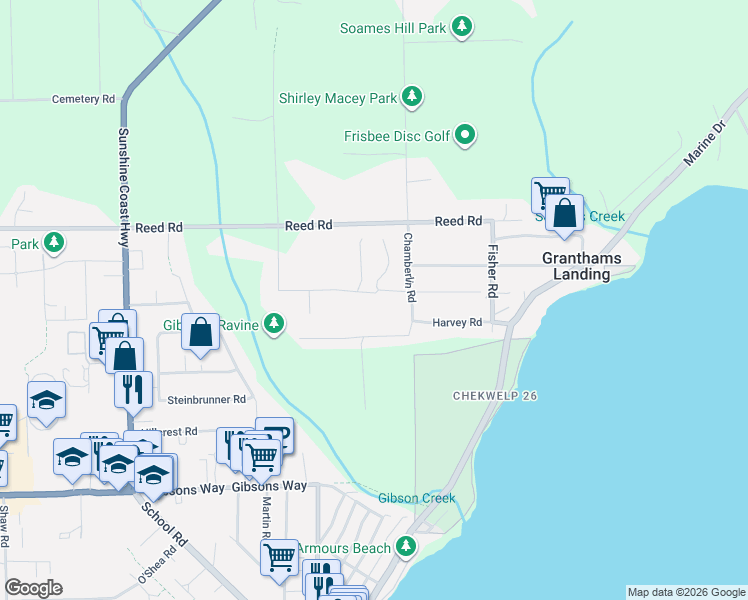 map of restaurants, bars, coffee shops, grocery stores, and more near 605 Woodland Avenue in Gibsons