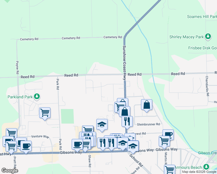 map of restaurants, bars, coffee shops, grocery stores, and more near 835 Aurora Way in Gibsons