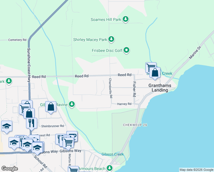 map of restaurants, bars, coffee shops, grocery stores, and more near Woodland Avenue in Gibsons