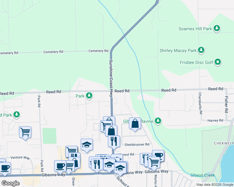 map of restaurants, bars, coffee shops, grocery stores, and more near 783 Reed Road in Gibsons