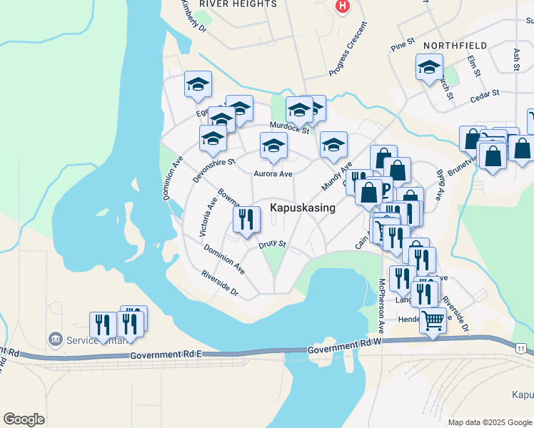 map of restaurants, bars, coffee shops, grocery stores, and more near 9 Empire Avenue in Kapuskasing