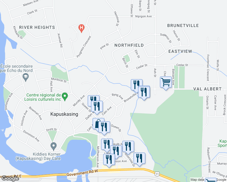 map of restaurants, bars, coffee shops, grocery stores, and more near 70 Byng Avenue in Kapuskasing
