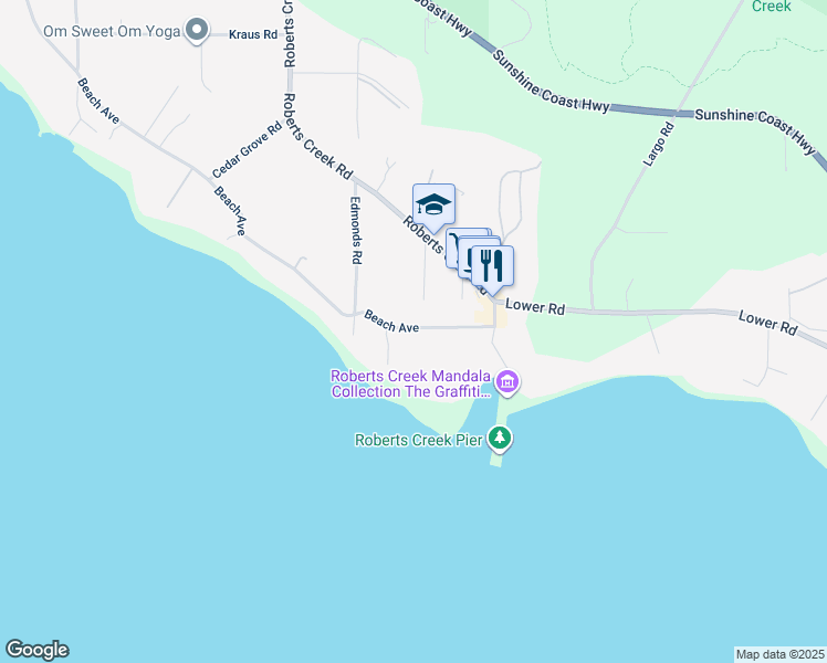 map of restaurants, bars, coffee shops, grocery stores, and more near 3177 Beach Avenue in Roberts Creek
