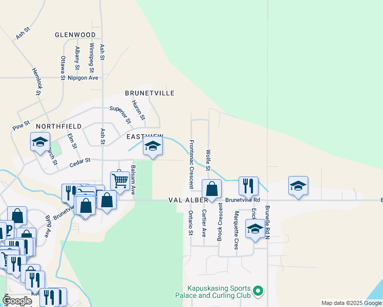 map of restaurants, bars, coffee shops, grocery stores, and more near 10 Frontenac Crescent in Kapuskasing