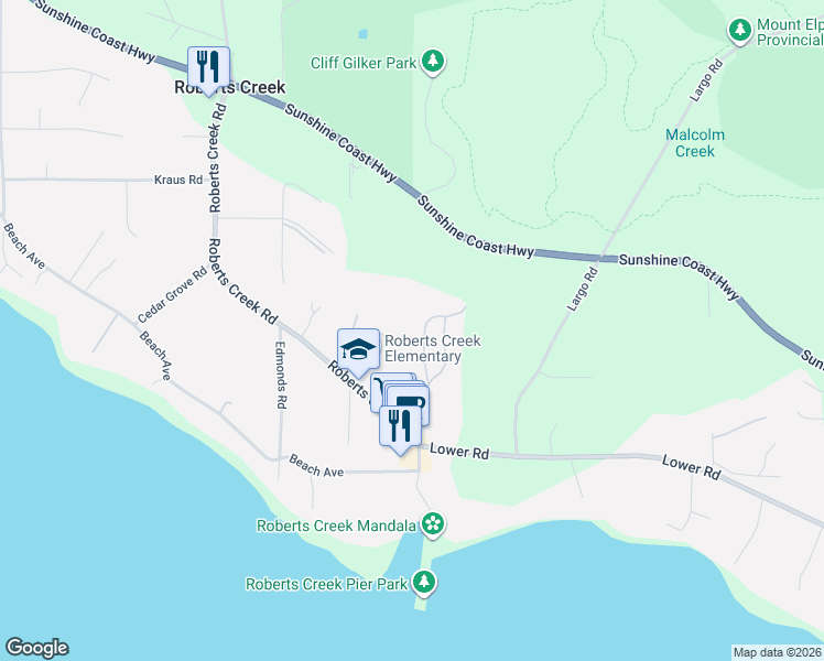 map of restaurants, bars, coffee shops, grocery stores, and more near 1111 Emery Road in Roberts Creek