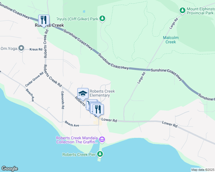 map of restaurants, bars, coffee shops, grocery stores, and more near 1131 Emery Road in Roberts Creek
