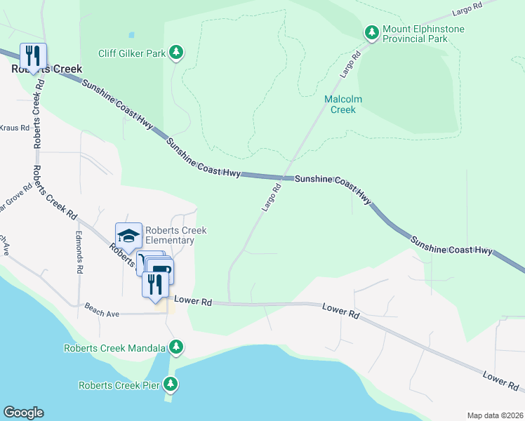 map of restaurants, bars, coffee shops, grocery stores, and more near 1153-1167 Largo Road in Roberts Creek
