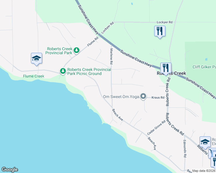 map of restaurants, bars, coffee shops, grocery stores, and more near 1302 Marlene Road in Roberts Creek