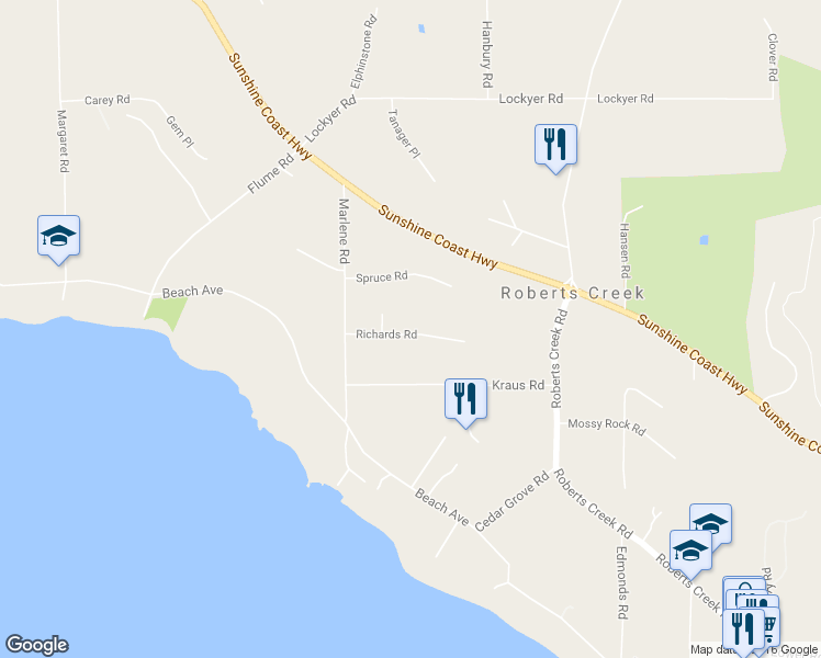 map of restaurants, bars, coffee shops, grocery stores, and more near 3366 Richards Road in Roberts Creek