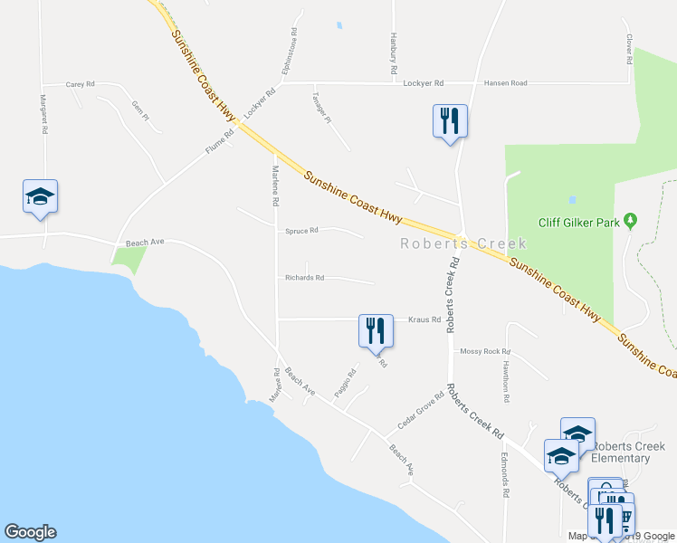 map of restaurants, bars, coffee shops, grocery stores, and more near 3352 Richards Road in Roberts Creek