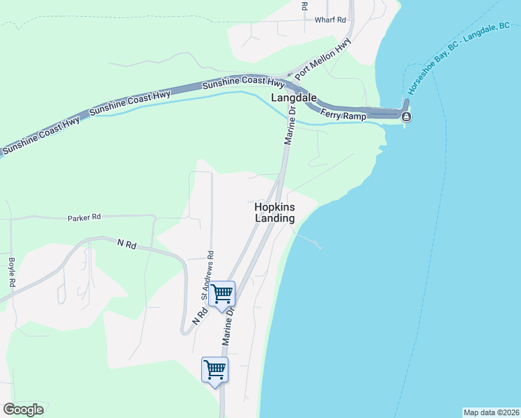 map of restaurants, bars, coffee shops, grocery stores, and more near 1821 North Road in Gibsons