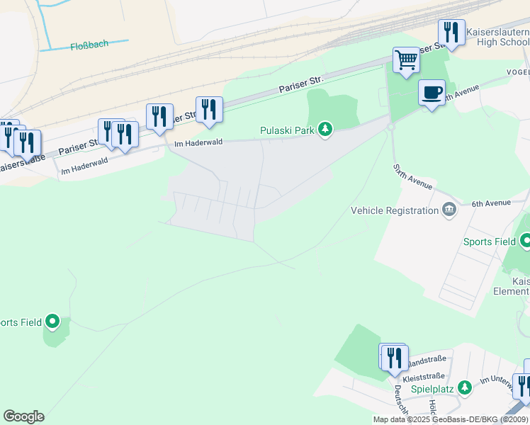 map of restaurants, bars, coffee shops, grocery stores, and more near 2918 Pulaski Barracks in Kaiserslautern
