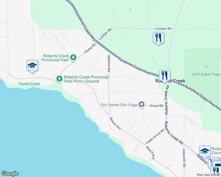 map of restaurants, bars, coffee shops, grocery stores, and more near 1302 Marlene Road in Roberts Creek