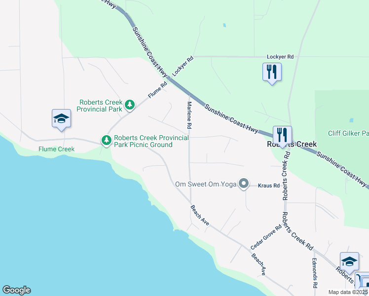 map of restaurants, bars, coffee shops, grocery stores, and more near 1321 Marlene Road in Roberts Creek