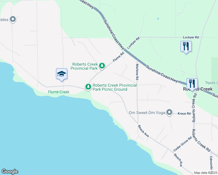 map of restaurants, bars, coffee shops, grocery stores, and more near 3514 Beach Avenue in Roberts Creek