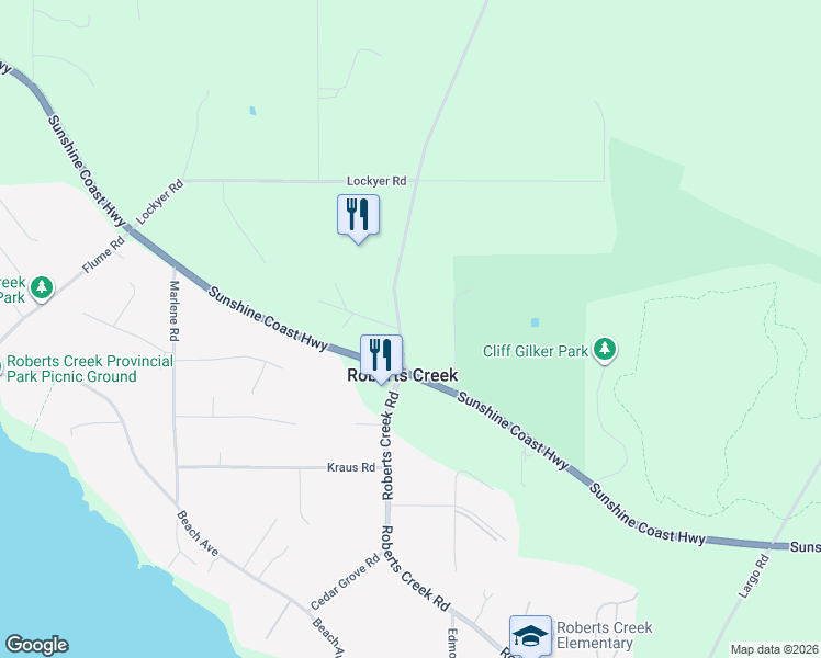 map of restaurants, bars, coffee shops, grocery stores, and more near 1356 Roberts Creek Road in Roberts Creek