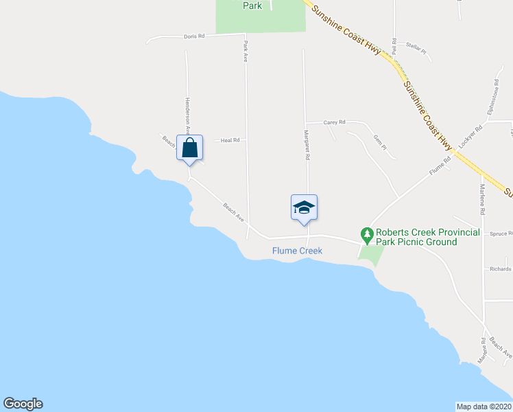map of restaurants, bars, coffee shops, grocery stores, and more near 3658 Beach Avenue in Roberts Creek