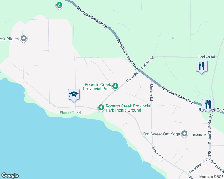 map of restaurants, bars, coffee shops, grocery stores, and more near 1123 Flume Road in Roberts Creek