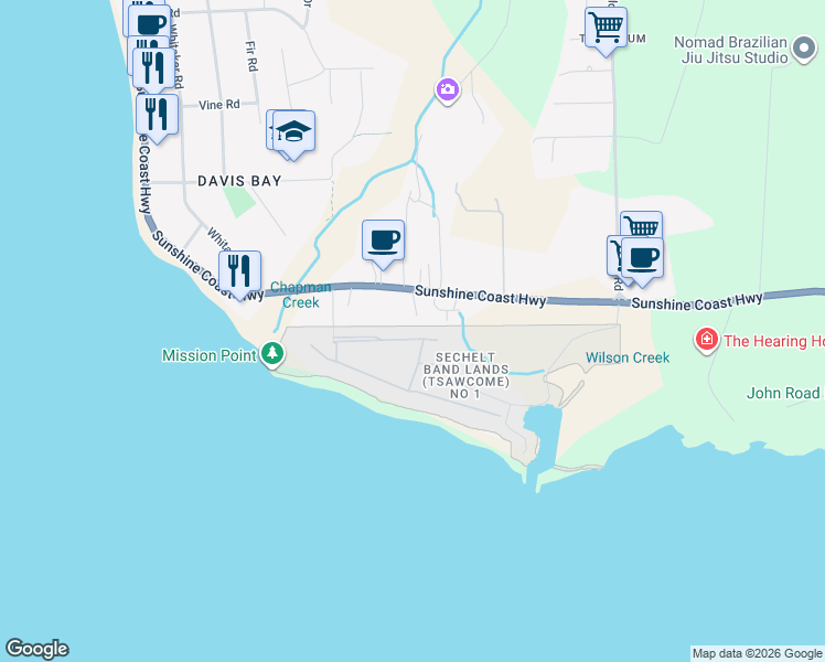 map of restaurants, bars, coffee shops, grocery stores, and more near 4488 Hupit Street in Sechelt