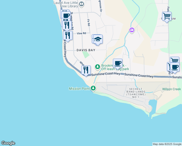 map of restaurants, bars, coffee shops, grocery stores, and more near 4598 Whitaker Road in Sechelt