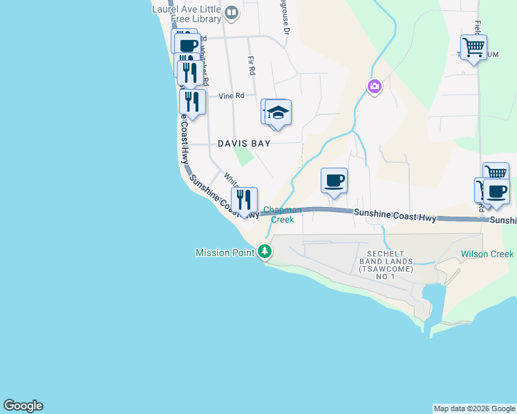map of restaurants, bars, coffee shops, grocery stores, and more near 4628 Whitaker Road in Sechelt