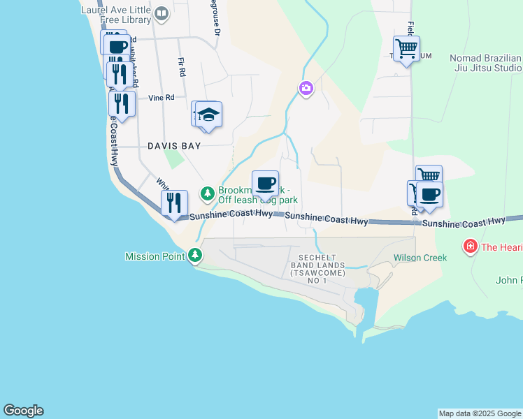 map of restaurants, bars, coffee shops, grocery stores, and more near 4510 British Columbia 101 in Sechelt