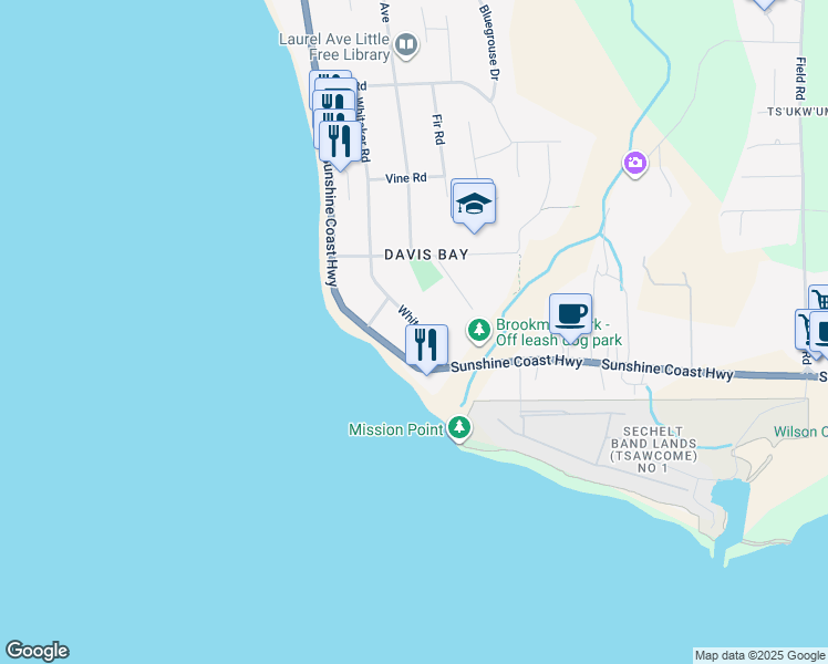 map of restaurants, bars, coffee shops, grocery stores, and more near 4631 Whitaker Road in Sechelt