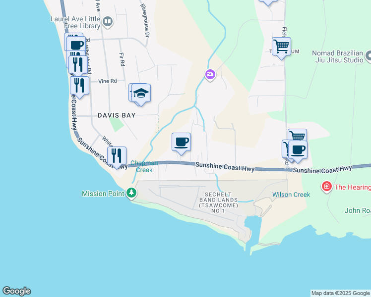 map of restaurants, bars, coffee shops, grocery stores, and more near 4504 Sunshine Coast Highway in Sechelt