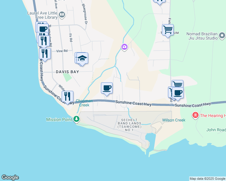 map of restaurants, bars, coffee shops, grocery stores, and more near 4504 Sunshine Coast Highway in Sechelt