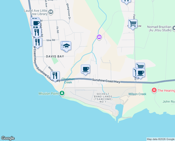 map of restaurants, bars, coffee shops, grocery stores, and more near 4510 Sunshine Coast Highway in Sechelt