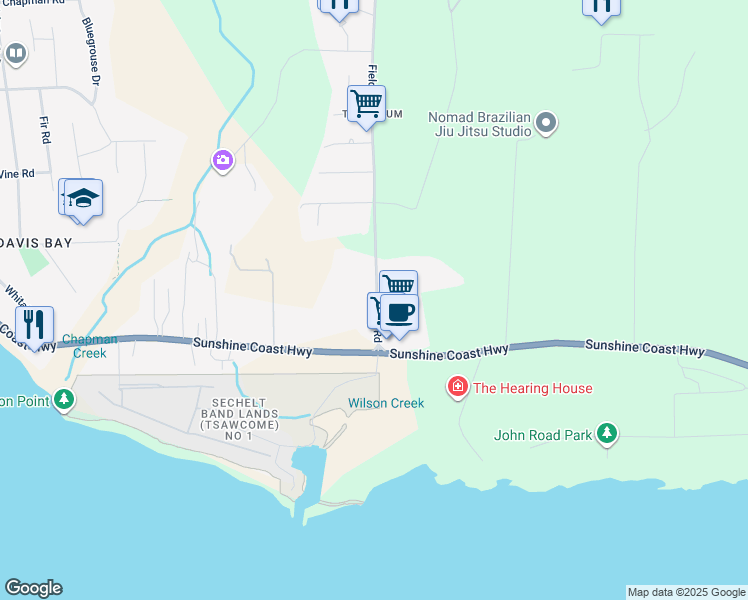 map of restaurants, bars, coffee shops, grocery stores, and more near 1647 Field Road in Sechelt