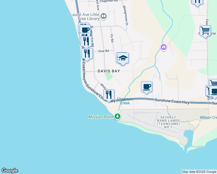 map of restaurants, bars, coffee shops, grocery stores, and more near 4628 Whitaker Road in Sechelt