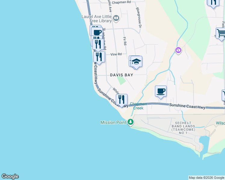 map of restaurants, bars, coffee shops, grocery stores, and more near 4636 Sunshine Coast Highway in Sechelt