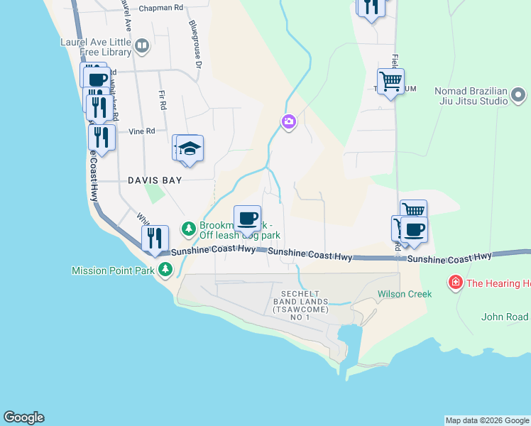 map of restaurants, bars, coffee shops, grocery stores, and more near 4496 Sunshine Coast Highway in Sechelt