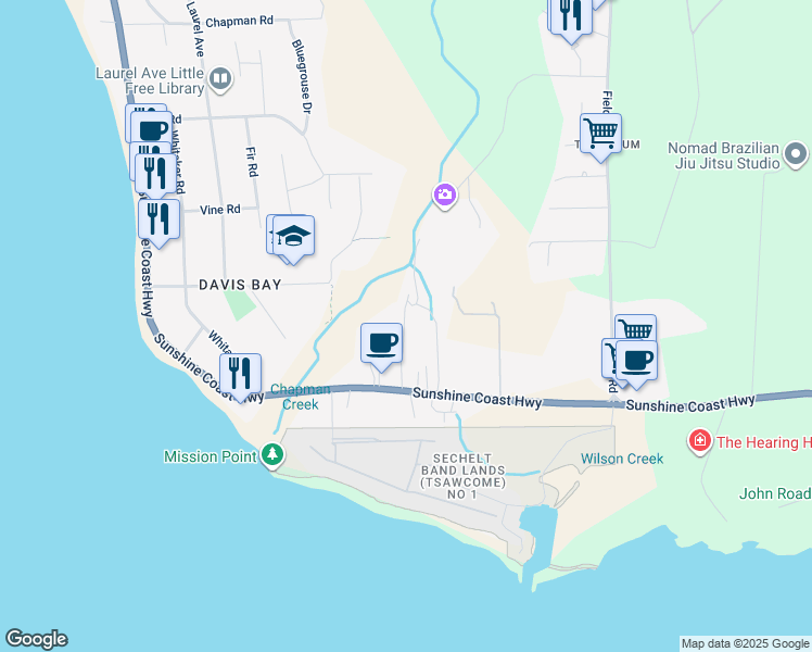 map of restaurants, bars, coffee shops, grocery stores, and more near 4496 Sunshine Coast Highway in Sechelt