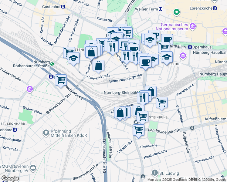 map of restaurants, bars, coffee shops, grocery stores, and more near 1 Sophie-Germain-Straße in Nürnberg