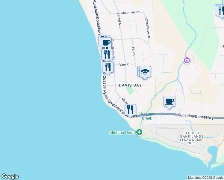 map of restaurants, bars, coffee shops, grocery stores, and more near 4689 Whitaker Road in Sechelt