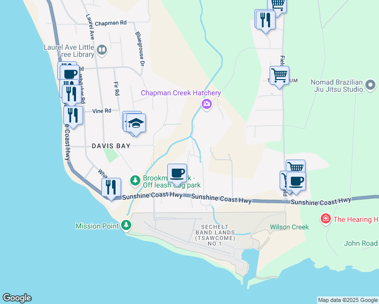 map of restaurants, bars, coffee shops, grocery stores, and more near 4496 Sunshine Coast Highway in Sechelt
