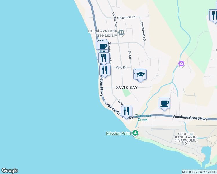 map of restaurants, bars, coffee shops, grocery stores, and more near 4689 Whitaker Road in Sechelt